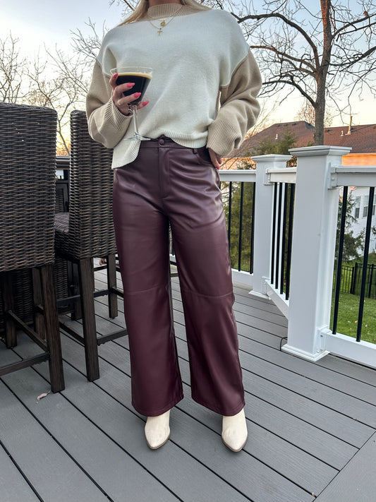 Leather Straight Leg Maroon Pants