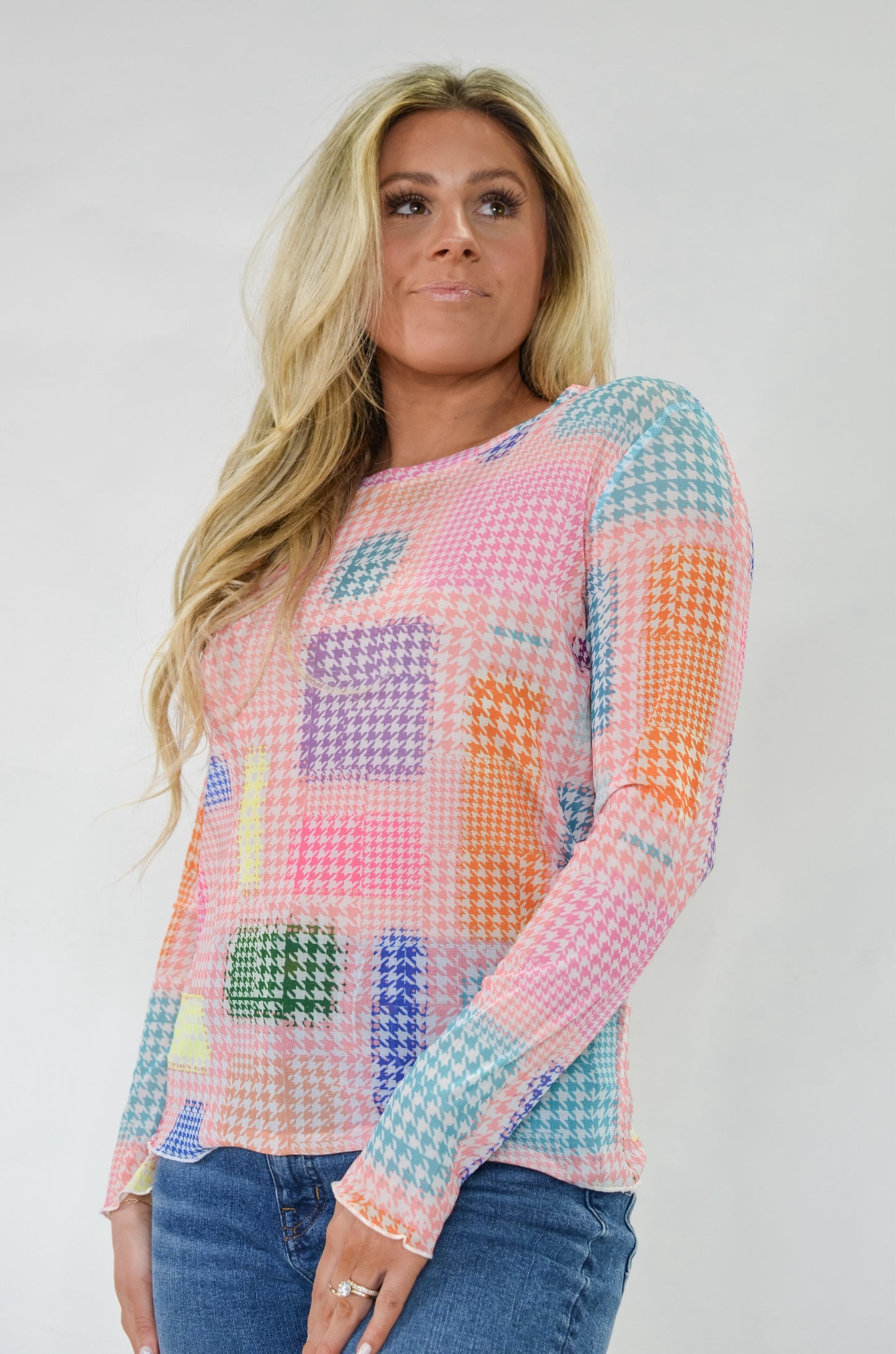 Houndstooth Multi Colored Mesh Top